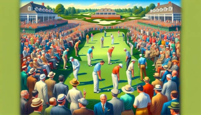 Skilled golfers competing at Reading Golf Club during a major tournament, with spectators enjoying a festive atmosphere.
