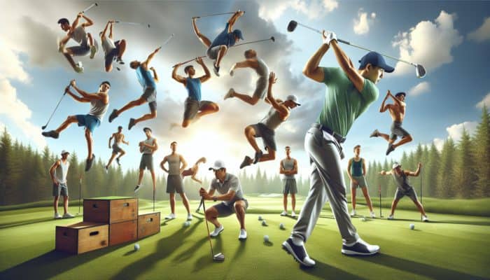Golfer in mid-swing on a verdant course, surrounded by dynamic plyometric drills enhancing muscle power and speed.