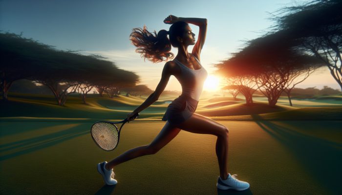 Golfer engaging in dynamic arm circles and leg swings at sunrise, followed by static stretches at sunset on a lush course.