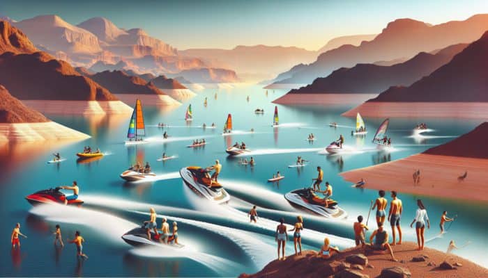 Individuals enjoying jet skiing and paddleboarding at Lake Mead, with the desert and clear blue skies in the background.