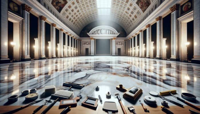 A large marble floor in a grand hall, showcasing both polished and scratched areas, along with polishing tools.