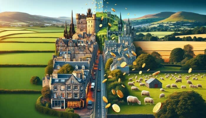 The urban skyline of Edinburgh and the Welsh countryside, featuring contrasting price tags indicating unique pricing structures.