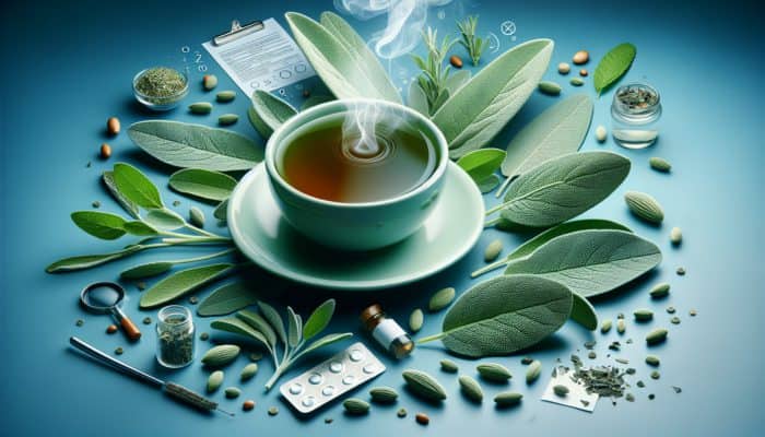 Sage for Sore Throat Relief: A steaming cup of sage tea with fresh leaves on a soothing blue background, symbolising throat relief.