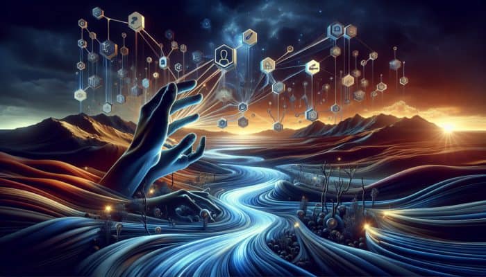 Hands reaching for radiant streams of light, symbolising link equity within a digital realm.
