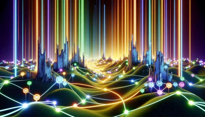 Illuminated pathways connecting old, outdated URLs to new, vibrant ones, representing link equity preservation during a website rebranding.