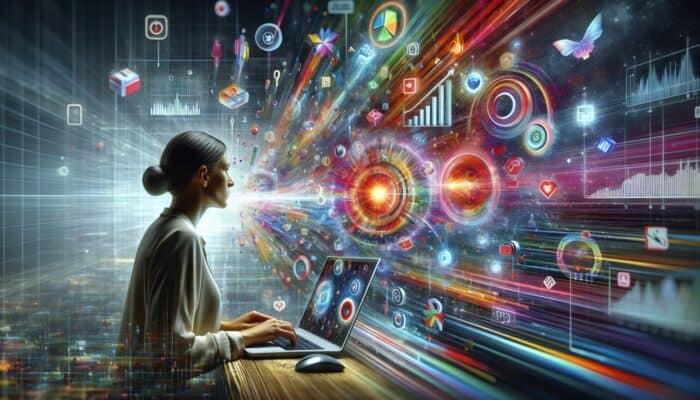 A digital marketing strategist analysing graphs and trends on a screen, with icons of micro-moments, focusing on "best supplements for immune support" during flu season.