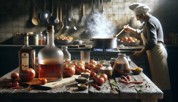 A chef stirring a pot of dark BBQ sauce with bourbon, tomatoes, and spices on a rustic kitchen table.