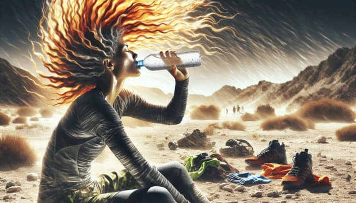 Individual drinking water in a hot, dry setting, surrounded by sports equipment, showcasing healthy, vibrant hair.
