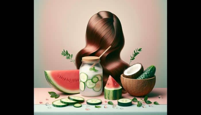 A display of watermelon, cucumber, and coconut water surrounding healthy hair on a pastel background.