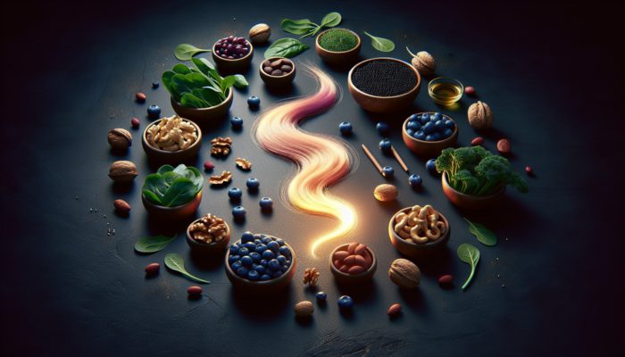 A collection of blueberries, nuts, and leafy greens such as spinach and kale surrounding a glowing hair strand, symbolising hair health.