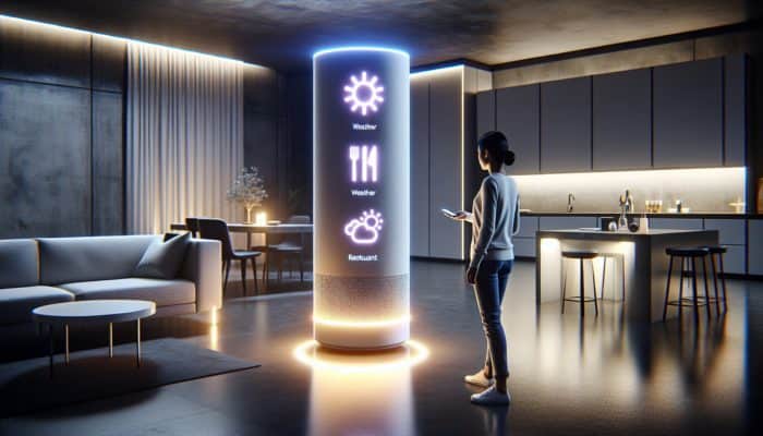 Optimise for Conversational Voice Queries: A person using voice commands to ask a smart speaker about weather and restaurant suggestions in a futuristic smart home.