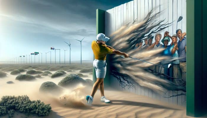 Golfer in South Africa practicing Reach and Touch Drill, extending arms to touch wall, enhancing swing in wind.
