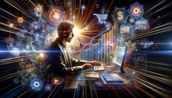 A digital marketer analysing SEO data on a computer, with e-commerce icons and upward trend graphs.