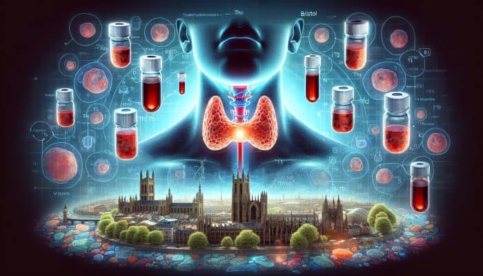 Illustration of thyroid gland and blood vials labelled TSH, T3, T4, against a Bristol cityscape backdrop.