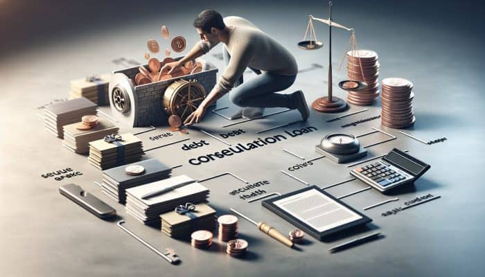 Person organizing documents for debt consolidation loan application, symbolizing path to financial stability.