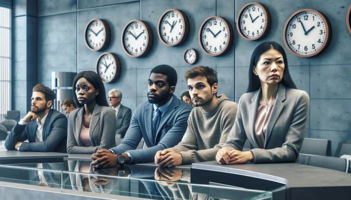 Diverse group in bank lobby, clocks showing different times, symbolizing varied loan approval and funding timelines in the UK.