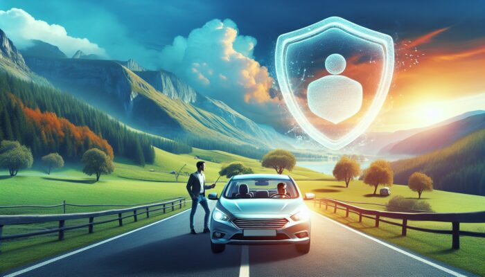 A traveller driving a rental car on a scenic road, protected by insurance symbolized by a shield.