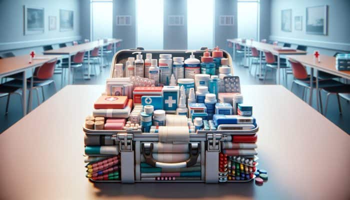 A well-organised first aid kit featuring bandages, antiseptics, pain relievers, and medications on a table.