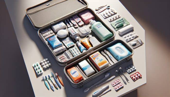 Travel-sized hygiene products neatly arranged in an emergency kit on a table.