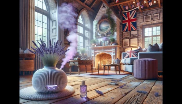A diffuser releasing lavender essential oil in a cozy UK living room, creating a calming purple mist.