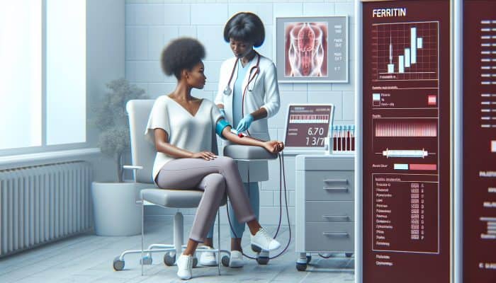 A patient receiving a ferritin blood test in an NHS clinic in Enfield, overseen by a healthcare professional.