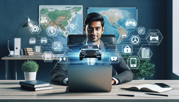 Individual booking a car rental online at a desk with a laptop, surrounded by travel guides and a world map.