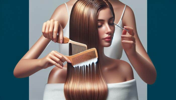 Person applying protein treatment to hair mid-lengths and ends, using comb, under warm towel.