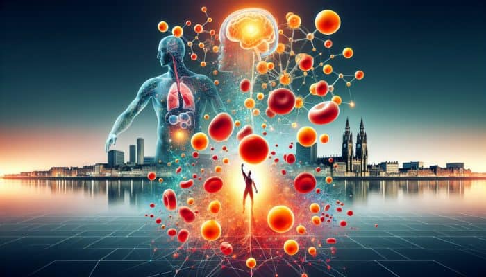 Vitamin B12 Blood Test in Derby: Illustration of Vitamin B12 molecules boosting the nervous system and red blood cells, with Derby skyline.