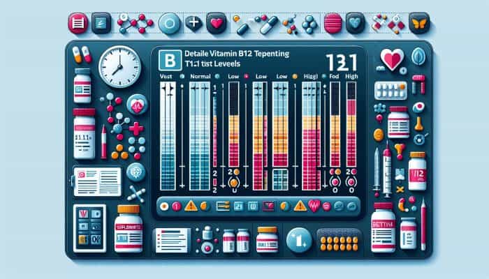 A medical chart showing Vitamin B12 levels with colour-coded sections and health-related icons.