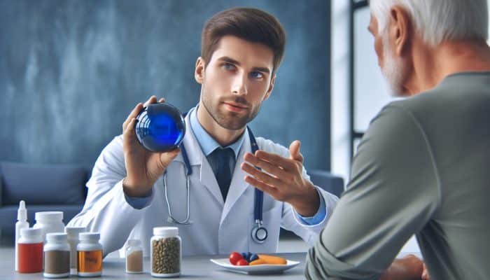 A doctor and patient reviewing Vitamin B12 test results and discussing health optimisation strategies in a clinic.