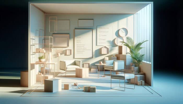 A serene room with minimalistic furniture being cleared, symbolizing emotional release, with soft lighting and calming colors.