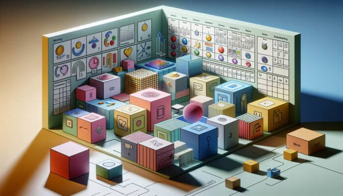 A serene room with labeled boxes and a calendar, symbolizing structured emotional clearance steps.