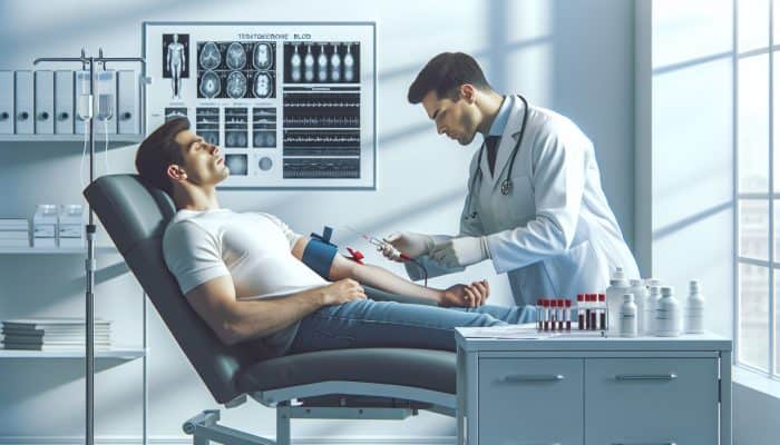 Illustration of a testosterone blood test procedure in a clinic with a male patient over 40 and a healthcare provider.