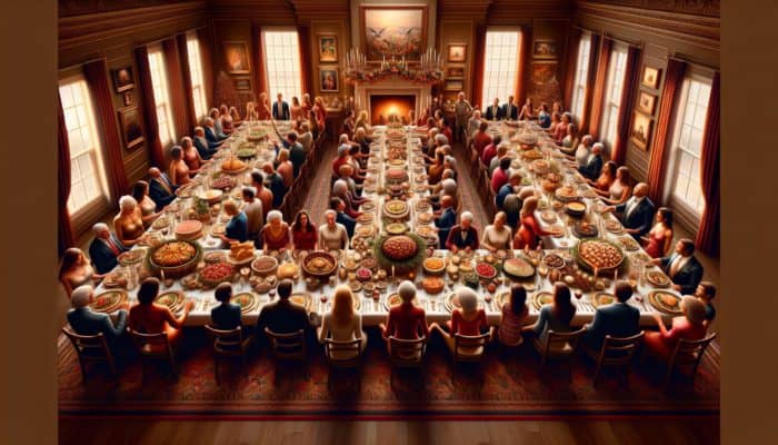 A beautifully set festive table filled with various dishes, surrounded by a cheerful family and friends in an elegantly decorated dining room.