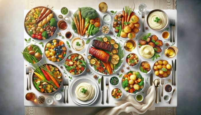 A festive table displaying dishes with contrasting flavours and textures: sweet vegetables, savoury meats, creamy potatoes, crispy carrots, and a variety of warm and cool options.