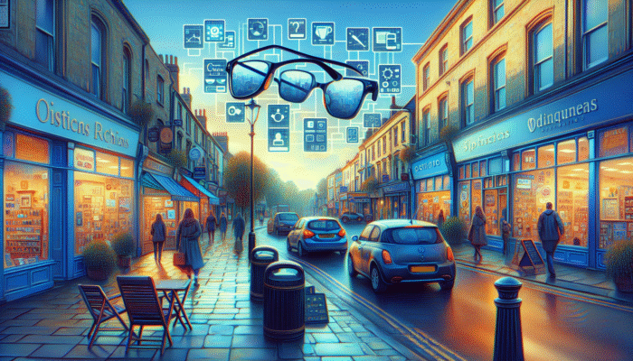 A lively Yeovil street featuring various businesses, displaying SEO-optimised signs and digital advertisements for local services.