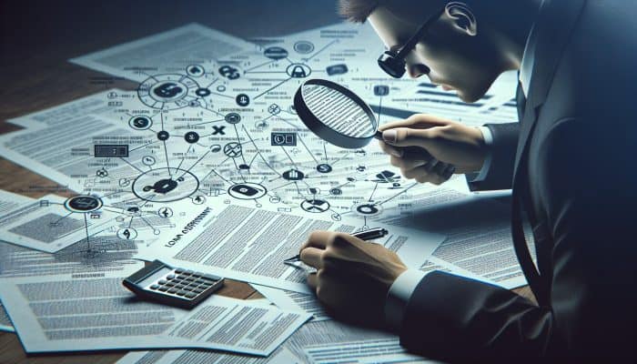 Person scrutinising loan agreement with magnifying glass, surrounded by documents and calculators, focusing on hidden fees.