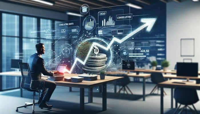 Can Debt Consolidation Boost Your Credit Fast: UK Guide | DCL Person managing finances, consolidating debts, improving credit score, symbolised by a rising graph and clear path in a modern office.