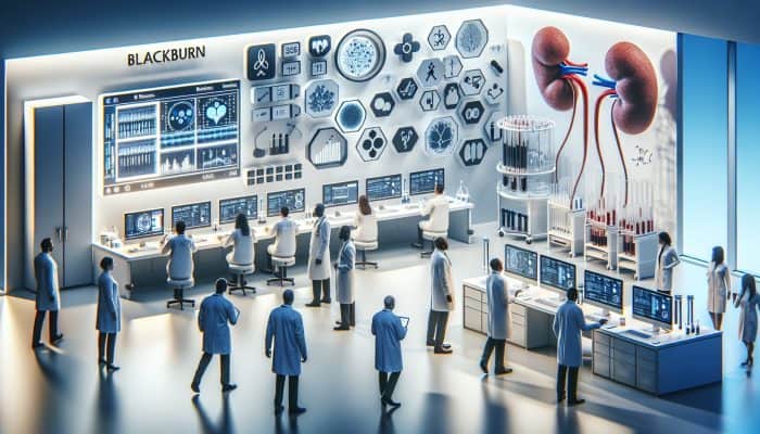 Modern Blackburn laboratory featuring advanced technologies for precise, less invasive kidney blood tests, focusing on biomarker research.
