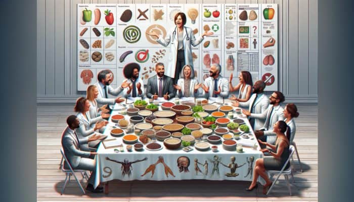 A table featuring tofu, lentils, quinoa, with nutrition experts discussing, surrounded by charts and graphs.