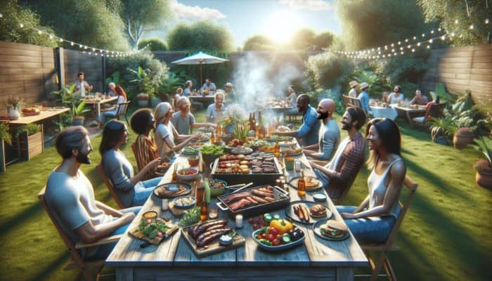 A lively BBQ setup featuring grilled meats, vibrant sides, and friends relishing a feast in a sunlit backyard.