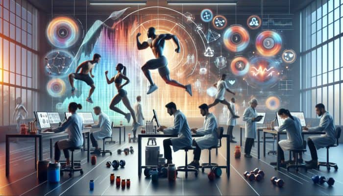 Scientists analysing creatine's effects on muscle power, with athletes training and performance charts.