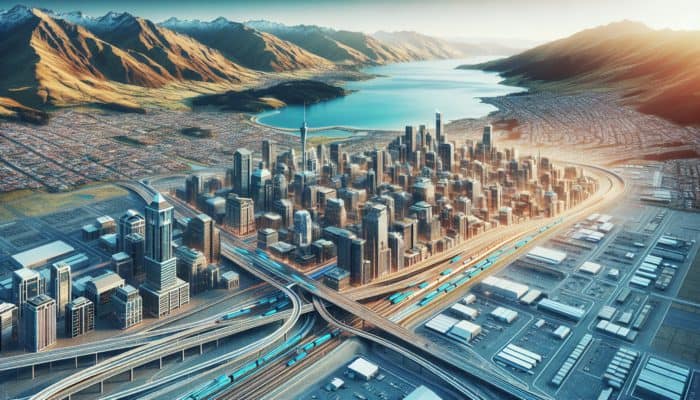 Aerial view of Queenstown showcasing new infrastructure and upscale properties amidst mountains and tourist attractions.