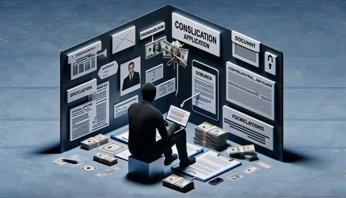 A person using a laptop to apply for a debt consolidation loan, with documents and a lender reviewing on another screen.