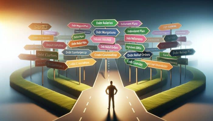 Busting the Debt Consolidation Bankruptcy Myth | DCL A person at a crossroads with signs pointing to debt relief options like DMPs, IVAs, DROs, and credit counseling in a hopeful setting.
