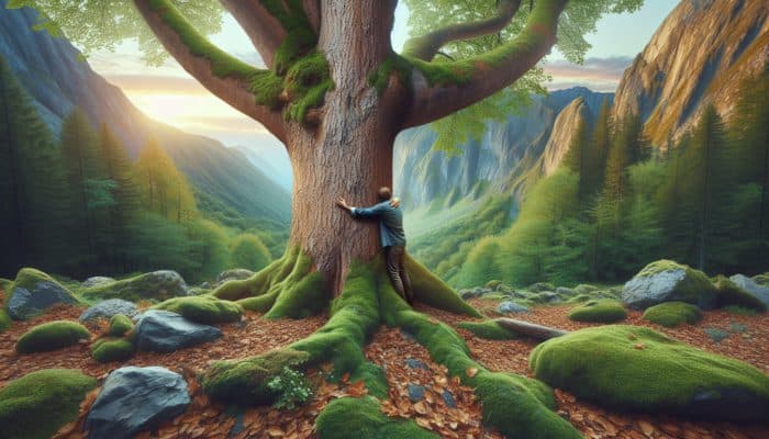 A person embracing a tree with rough bark, surrounded by moss, stones, and leaves.