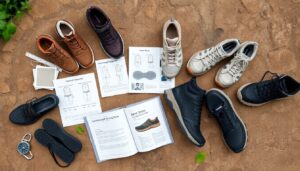 Four pairs of Xero Shoes in brown, beige, blue, and black arranged in a circle on a sandy surface. Shoe insoles, an exploration guide, a compass, instruction booklets, and green leaves are scattered around the shoes.