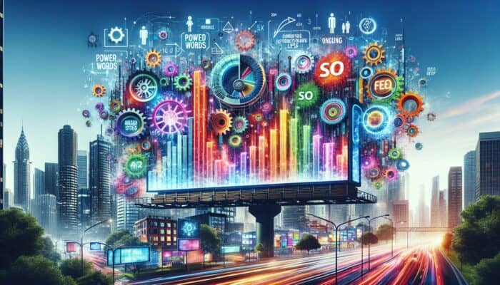 A vibrant digital billboard in a cityscape showcasing SEO titles with high CTR, featuring bold fonts, countdown timers, power words, numbers, questions, and benefits.