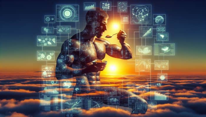 Athlete at sunrise eating protein-rich breakfast, muscles highlighted showing recovery and growth.