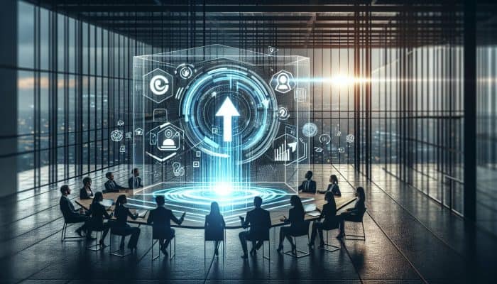 Emerging Debt Consolidation Startups: Revolutionising Finance | DCL Modern office with entrepreneurs presenting digital dashboard for efficient debt consolidation and personalised financial plans.